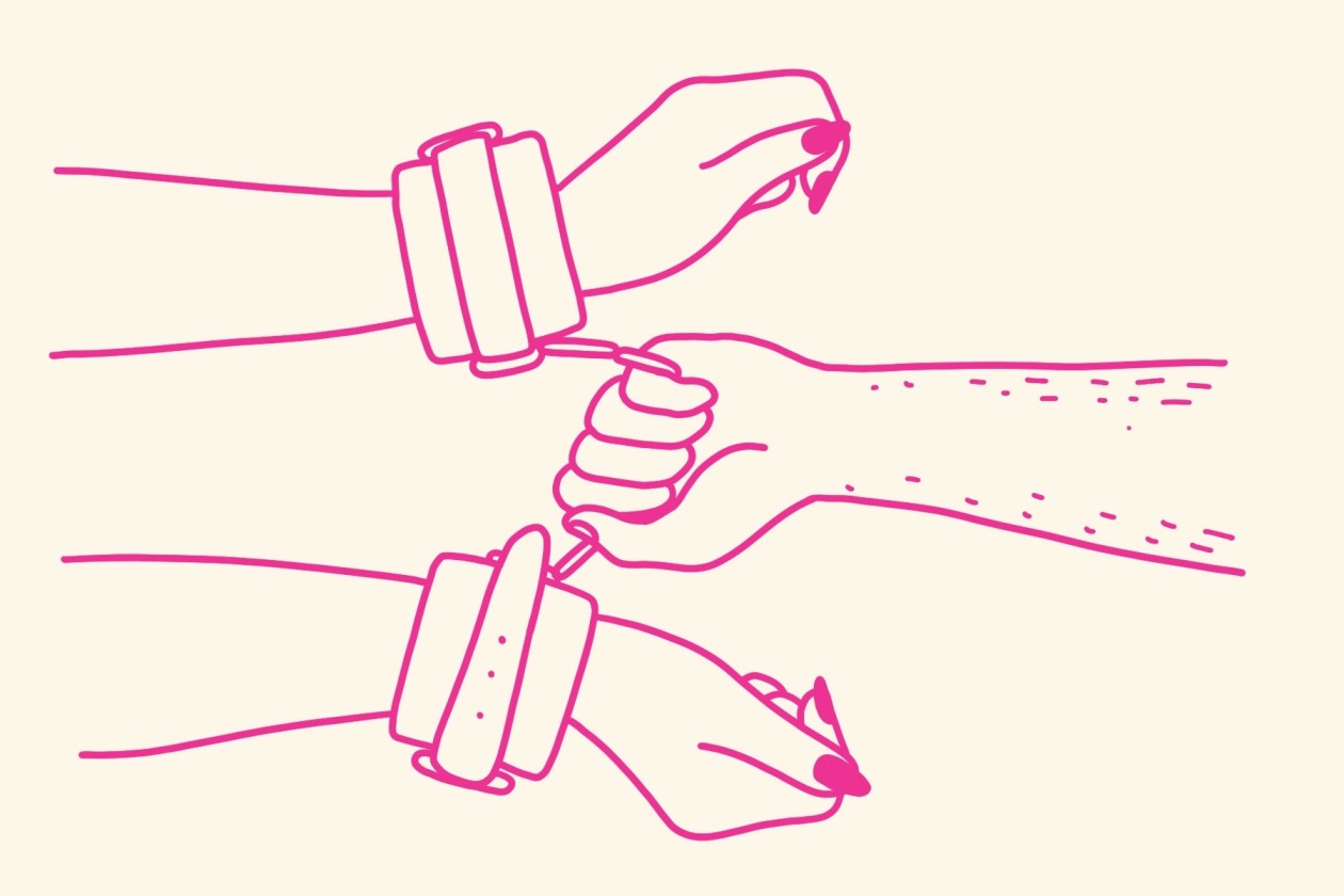 Illustration of two hands in handcuffs and one hand with hair holding onto the handcuffs