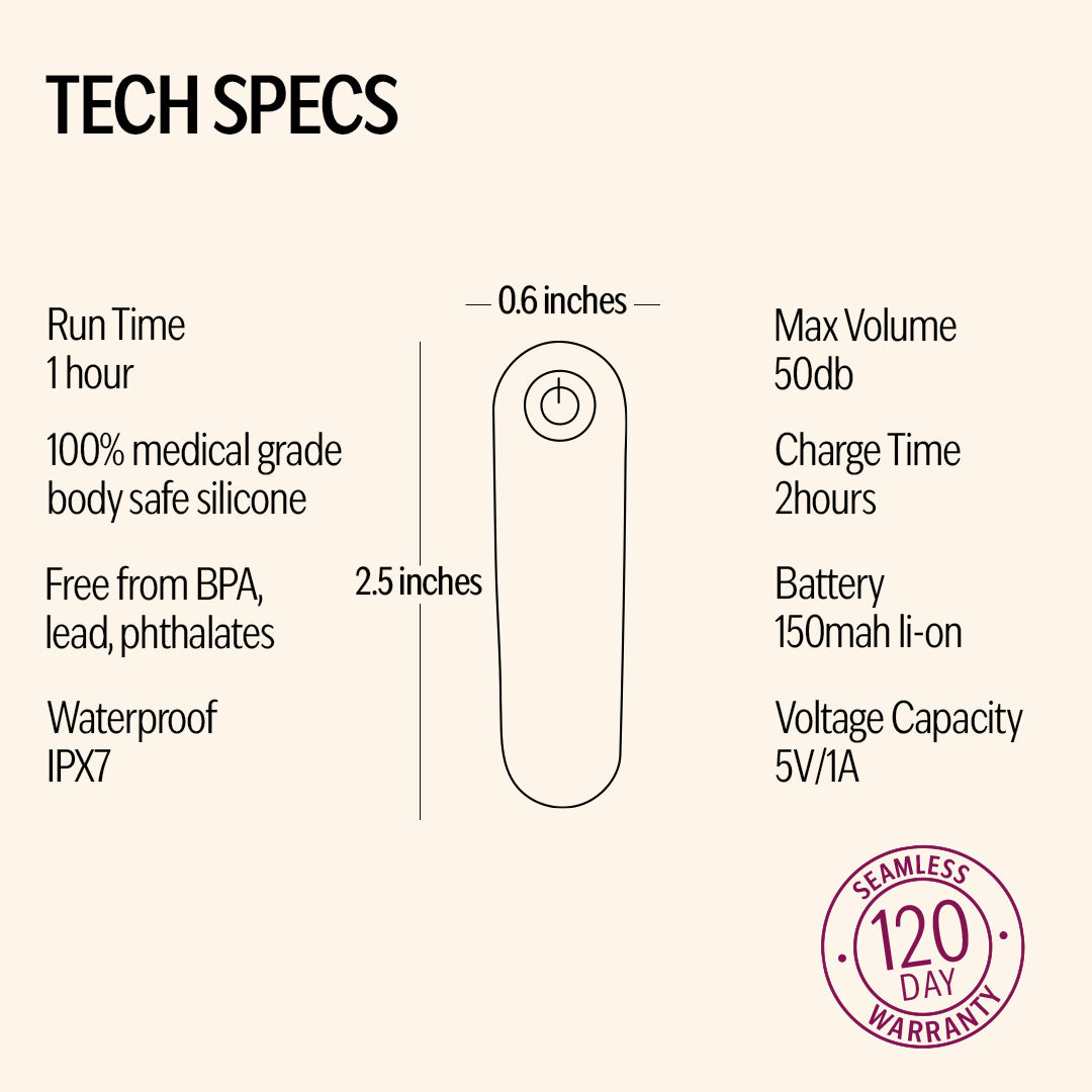 bullet massager with tech specs on a plain background