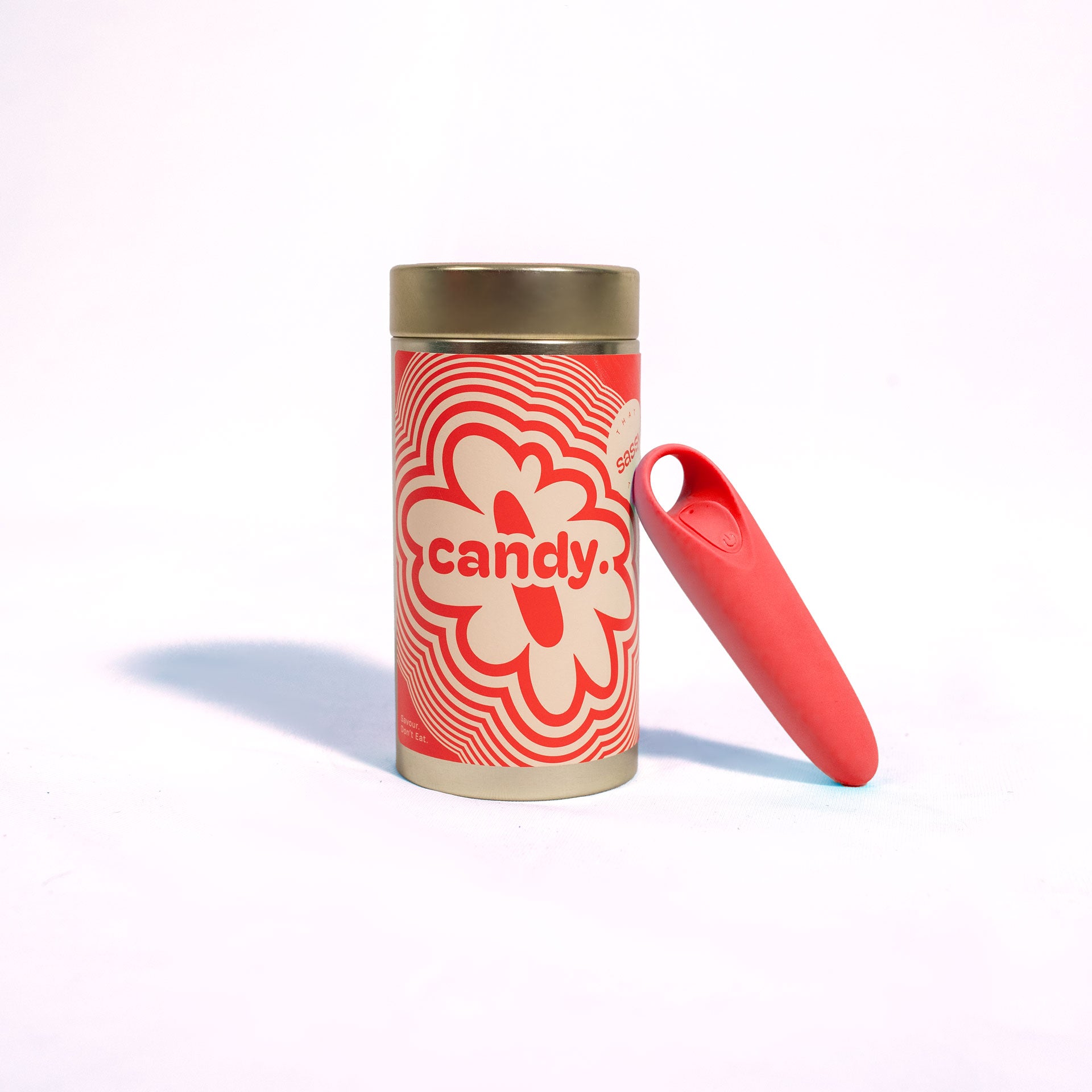 Retro Red Candy Personal Massager Displayed Beside Packaging