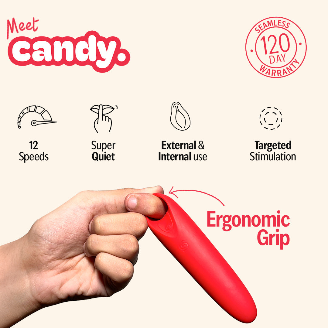 Hand holding the red Candy handheld massager with ergonomic grip. Features highlighted: 12 speeds, super quiet, external & internal use, targeted stimulation, and 120-day seamless warranty