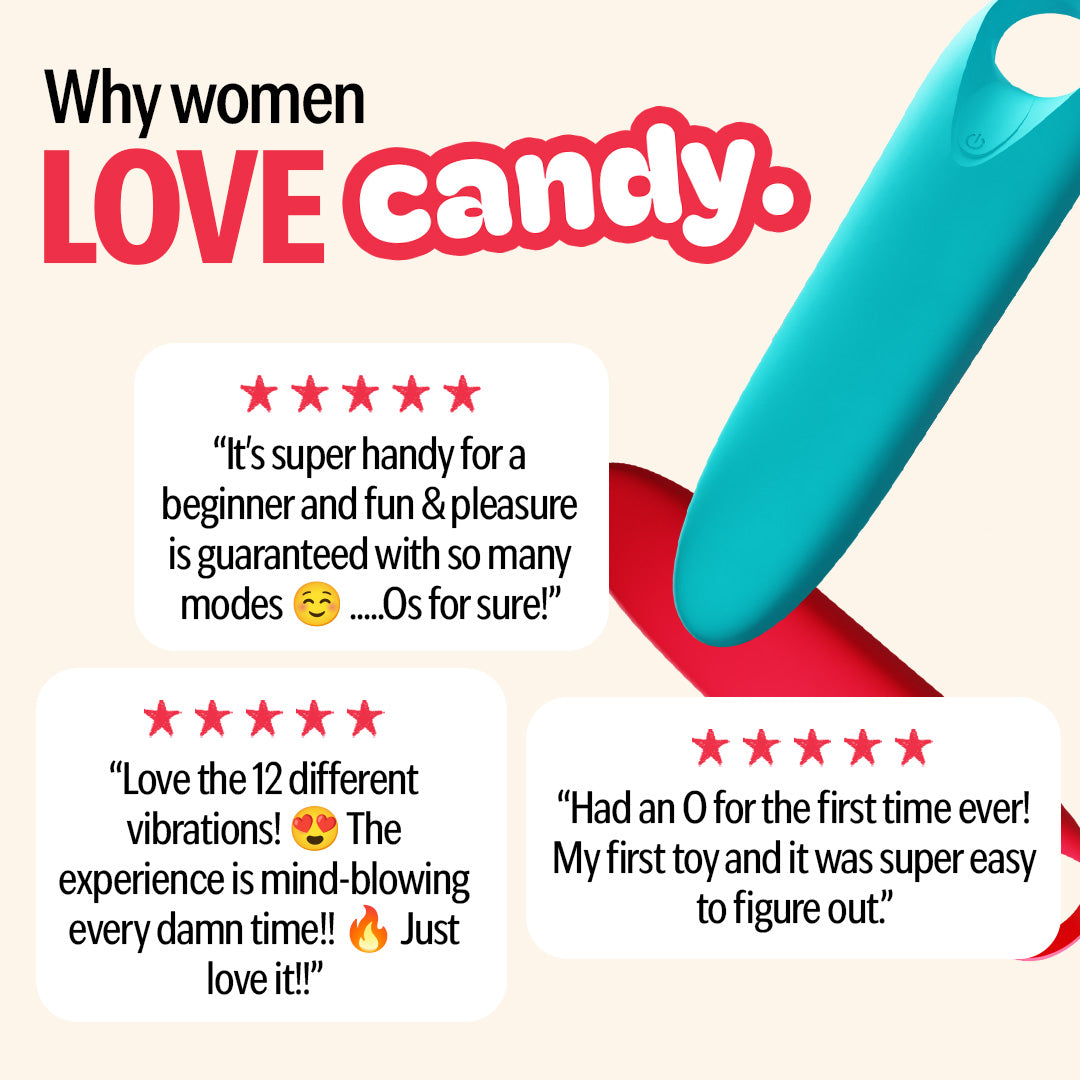 Customer reviews of Candy handheld massager highlighting ease of use, 12 vibration modes, and beginner-friendly design.