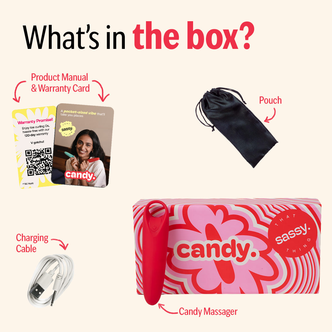 Unboxing Candy massager with product manual, pouch, charging cable, and box.