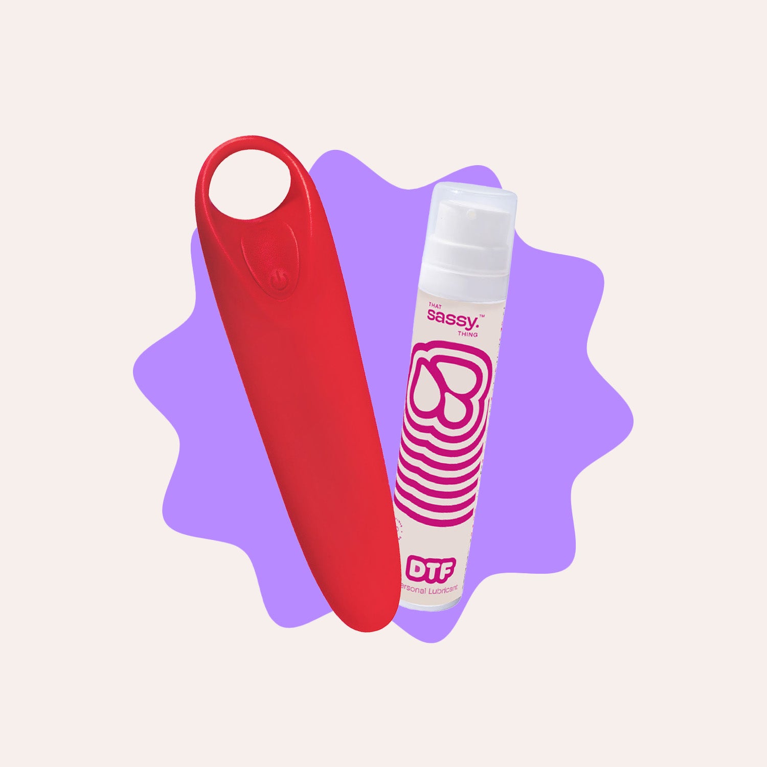 Retro Red Candy Personal Massager Displayed with DTF Aloe-Based Personal Lubrication