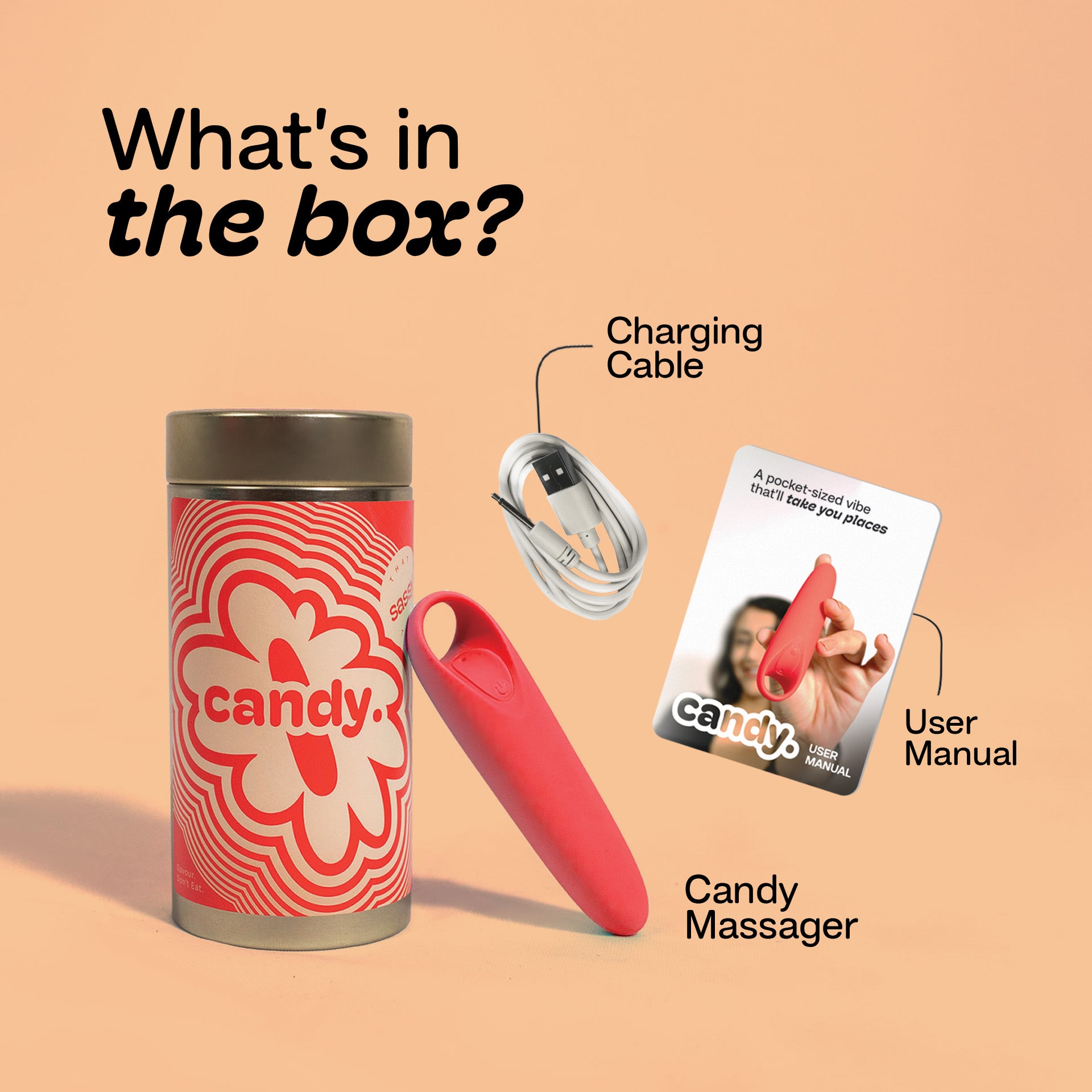 Package and Accessories Included with Retro Red Candy Personal Massager