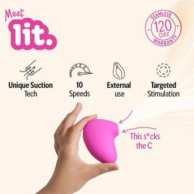 Hand holding LIT suction massager in pink with 10 speeds and targeted stimulation features.