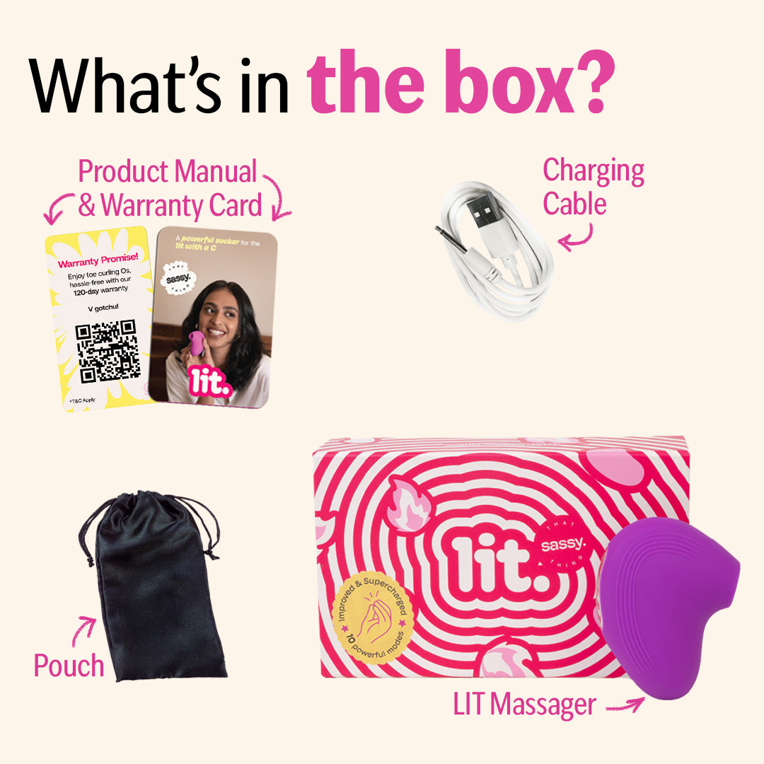 Box contents of LIT Suction Massager including manual, charging cable, pouch, and device.