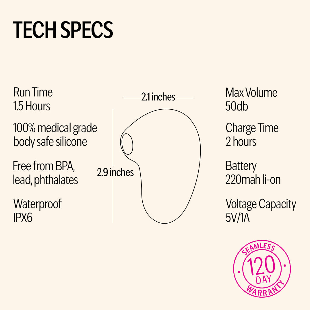 LIT Suction Massager specs with size, waterproof design, rechargeable battery, and warranty.