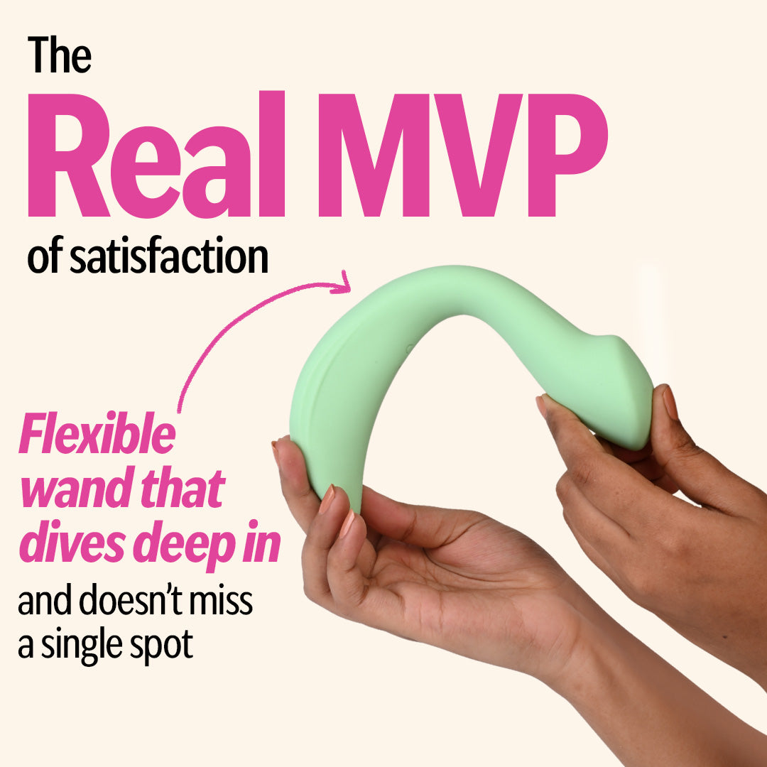 Hands holding flexible OG female massager with curved wand design.