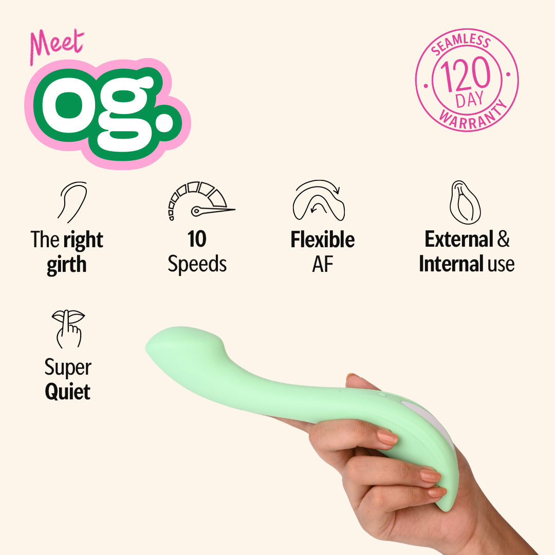 Hand holding OG female personal massager with 10 speeds, flexible design, and external or internal use.