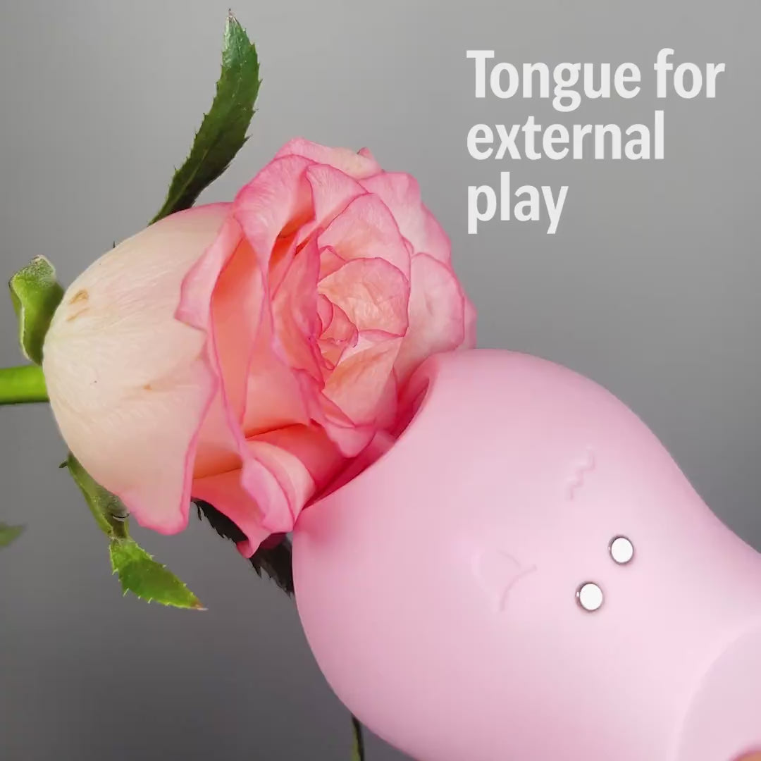 Pink tongue licking massager with rose flower demo