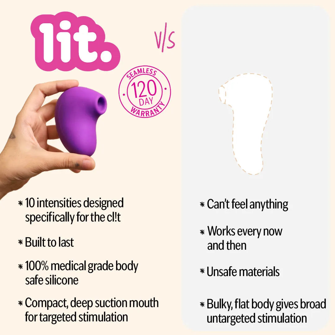 Purple silicone suction massager held by a hand with  LIT branding, specifications and 120 day warranty on a beige background. 