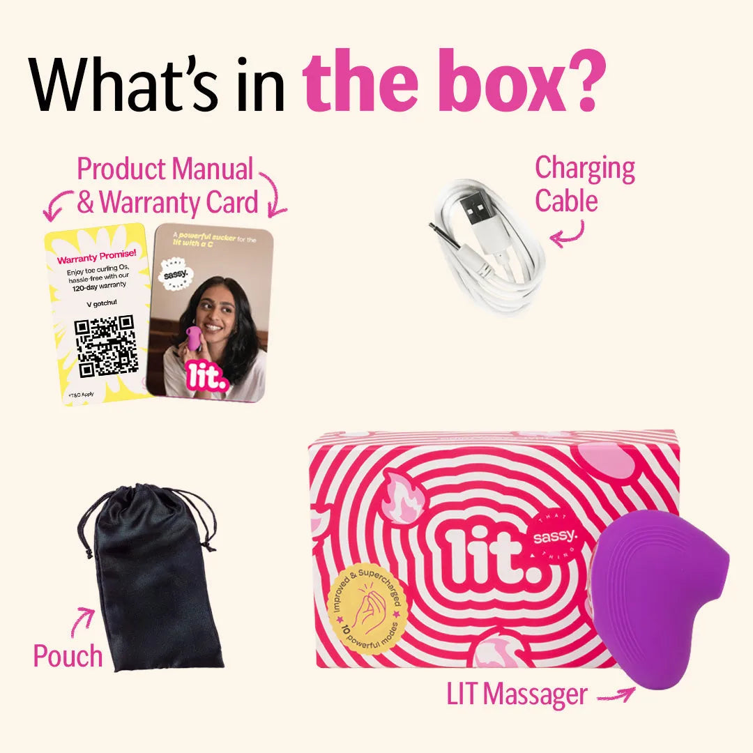 Box contents of LIT Suction Massager including manual, charging cable, pouch, and device.