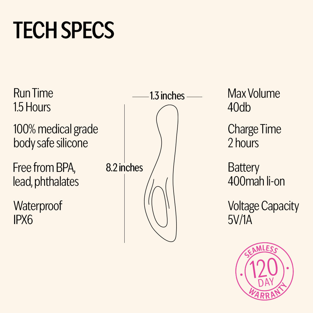 OG female personal massager tech specs with waterproof design, body-safe silicone, and rechargeable battery.