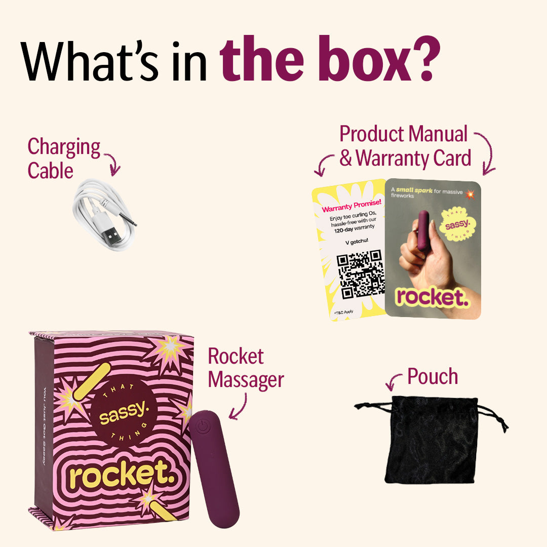 Rocket bullet massager box contents with pouch, cable, and manual