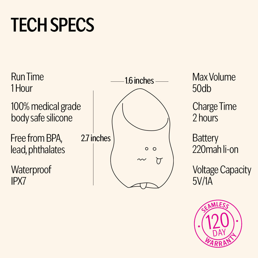 Technical specifications of tickle tongue massager on a white background
